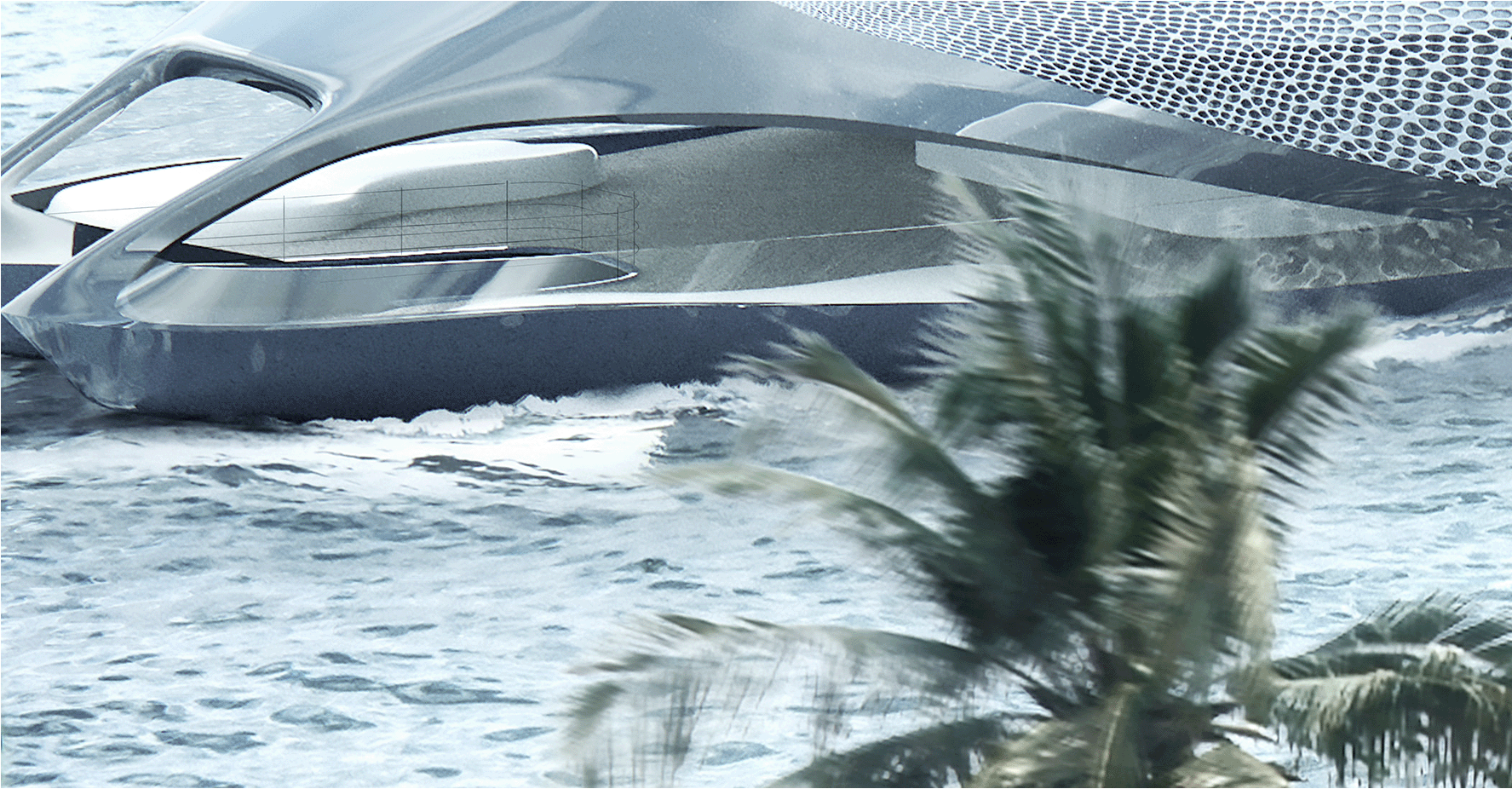 Aft perspective of a futuristic super yacht