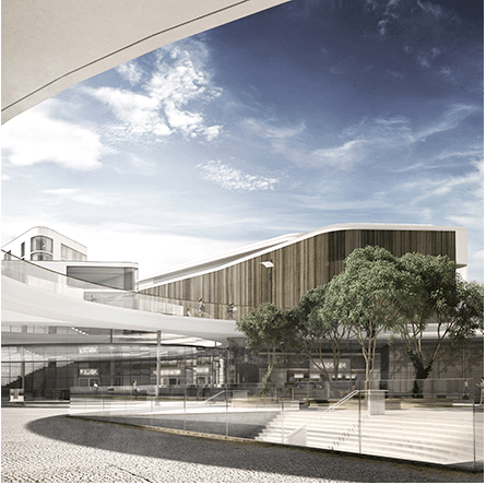 Visualisation of the concept of a transportation hub in Gdynia, showing a service area with a subterranean exit and office buildings with a wooden facade and rounded corners in the background